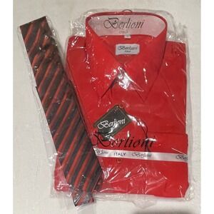 Berlioni Italy Mens Red Dress Shirt and Striped Tie Set L 16-16.5 32/33 RN110219